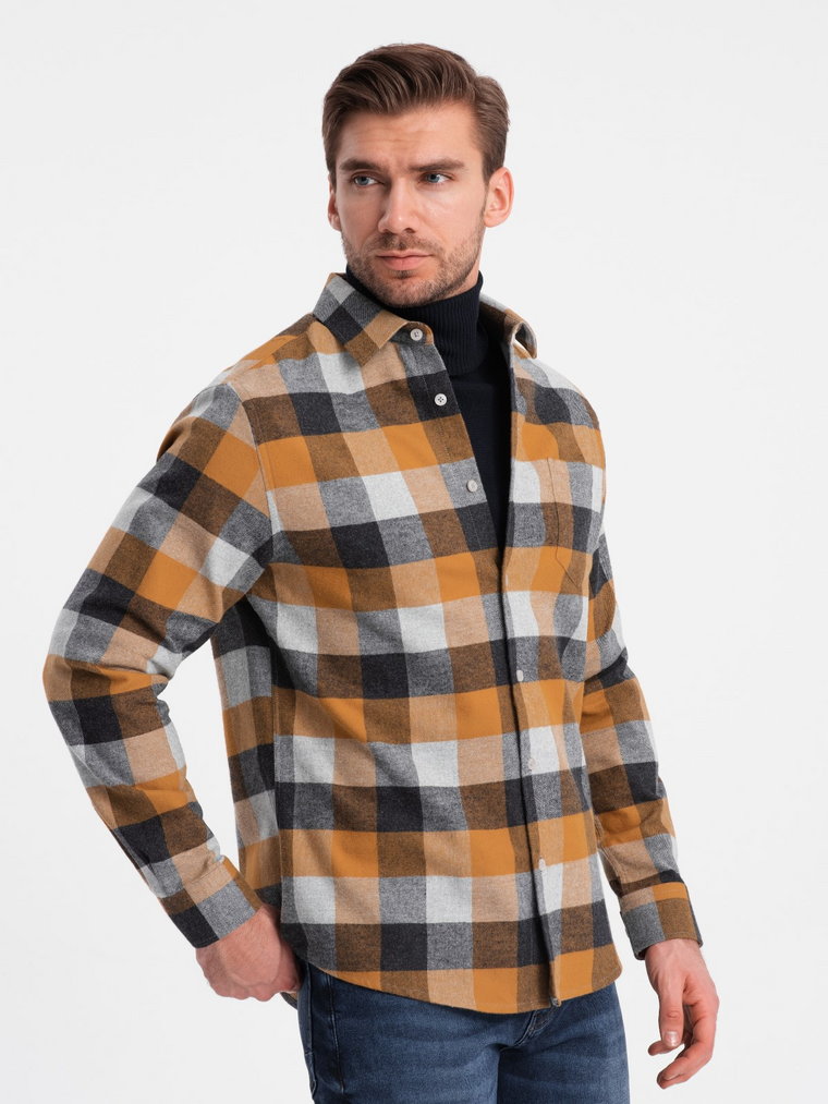 Flanelowa koszula męska w kratę - żółto-czarna V2 OM-SHCS-0150