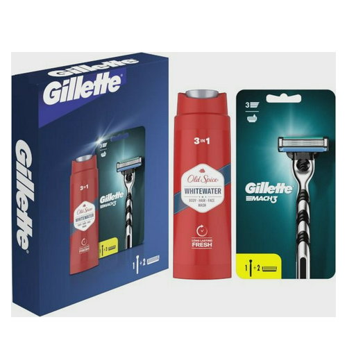 Zestaw upominkowy Gillette Mach3 Maszynka do golenia dla mężczyzn + 2 wymienne ostrza + Żel pod prysznic Old Spice 3 w 1 Whitewater 250 ml (8700216221047). Zestawy kosmetyków do pielęgnacji