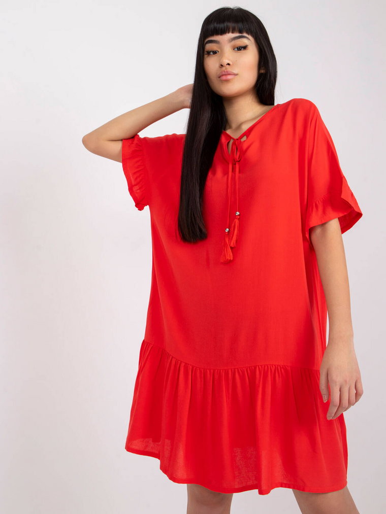 Sukienka z falbaną czerwony casual codzienna letnia dekolt sznurowany rękaw krótki długość przed kolano falbana odzież ekologiczna