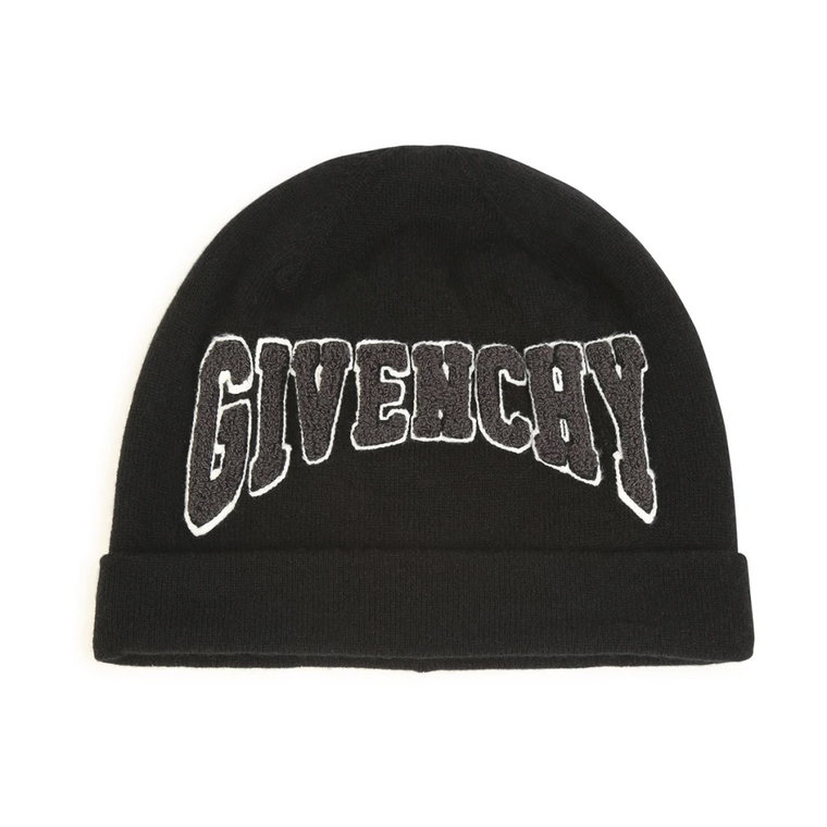 Czarna dziecięca czapka z podwiniętym brzegiem i haftowanym logo Givenchy