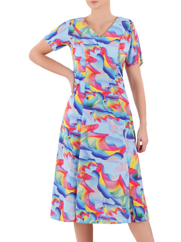 Sukienka z tkaniny, rozkloszowana kreacja w kolorowe wzorki 36033