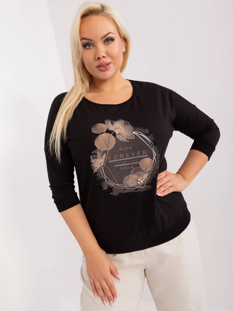 Bluzka plus size czarny casual codzienna dekolt okrągły rękaw 3/4 dżety cyrkonie