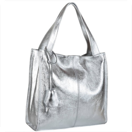 Duża torebka włoska shopper bag srebrna metaliczna skóra naturalna