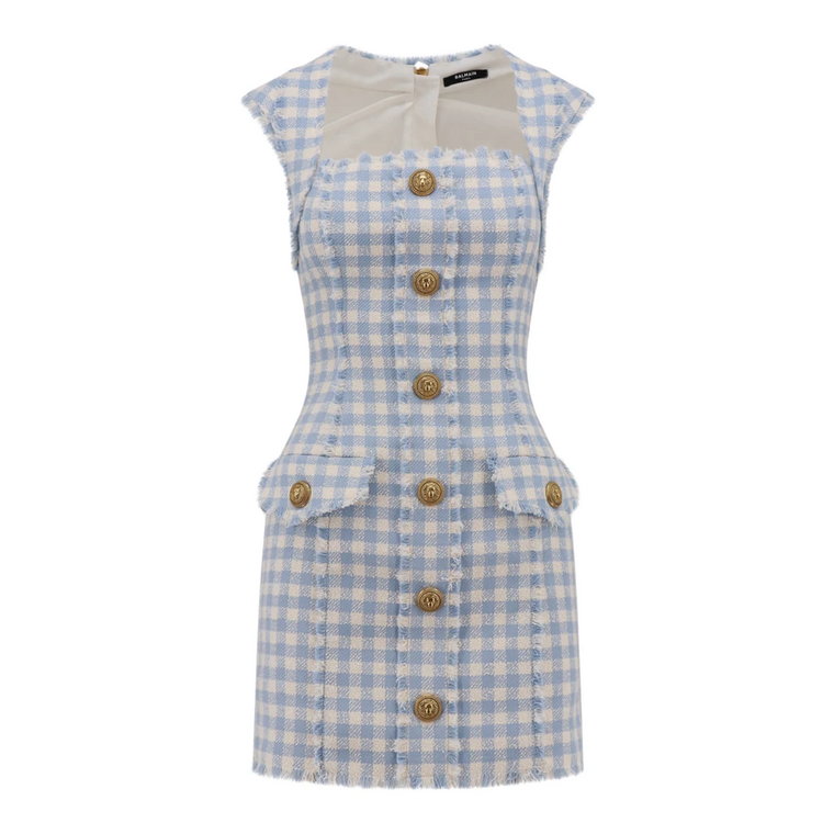 Jasnoniebieska Sukienka z Krótkim Rękawem w Kratę Vichy Balmain