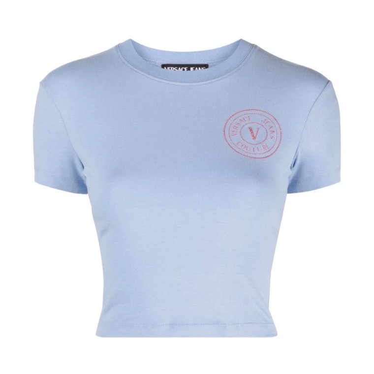 Liliowy T-shirt z Logo i Brokatem Versace Jeans Couture