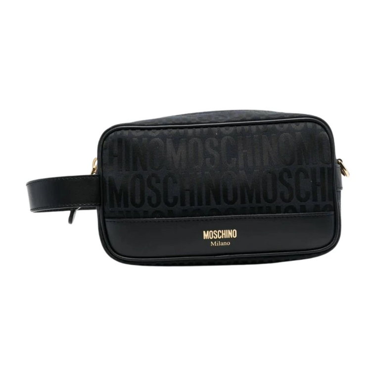 Czarna Pochette z Logo Jacquard i Skórzanymi Wykończeniami Moschino