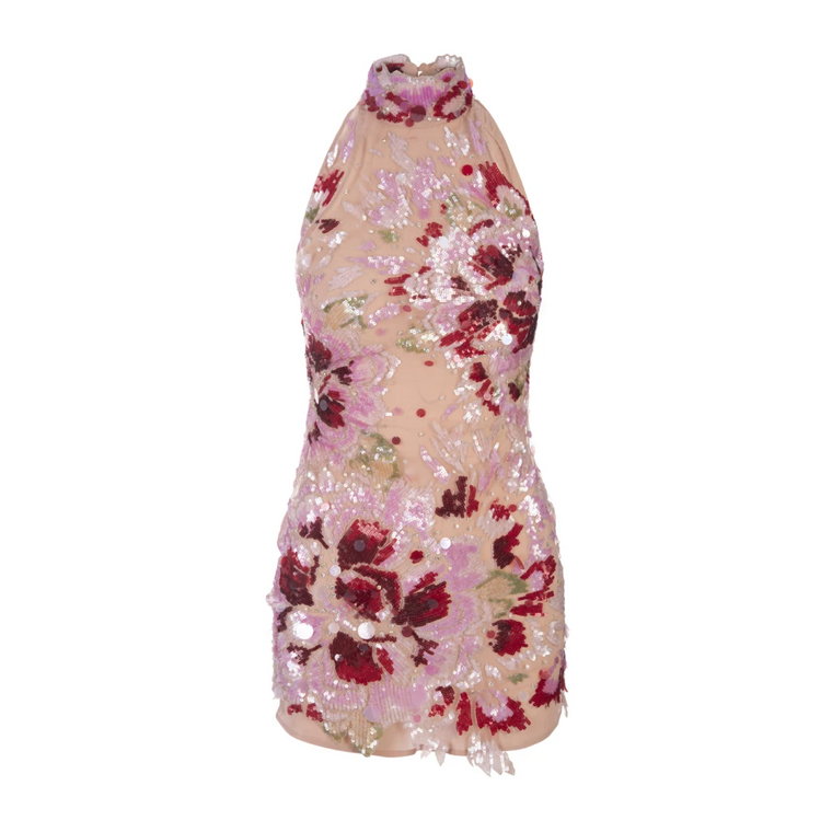 Różowa Kwiatowa Sukienka Mini z Dekoltem na Szyi Amen