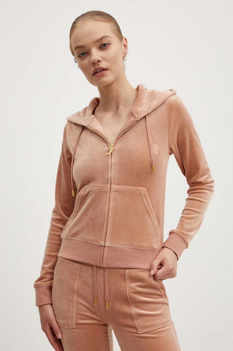 Juicy Couture bluza welurowa ROBERTSON GOLD kolor beżowy z kapturem gładka JCAP176G