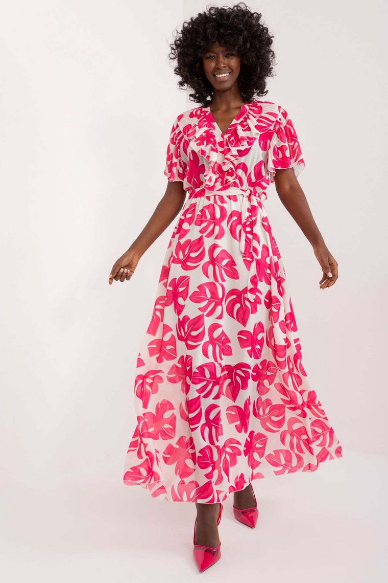 Damska sukienka letnia maxi z printem w różowe liście