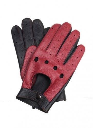 Męskie rękawiczki samochodowe - skóra z jelenia - czerwono-czarne