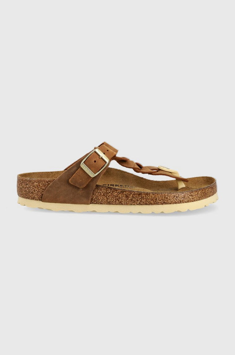 Birkenstock japonki skórzane Gizeh Braided damskie kolor brązowy na płaskim obcasie