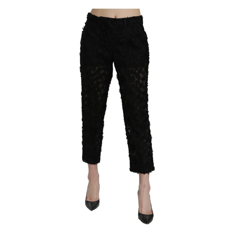 Czarne Koronkowe Proste Spodnie z Wysokim Stanem Dolce & Gabbana