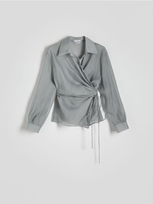 Reserved - Kopertowa bluzka z wiązaniem - jasnoszary