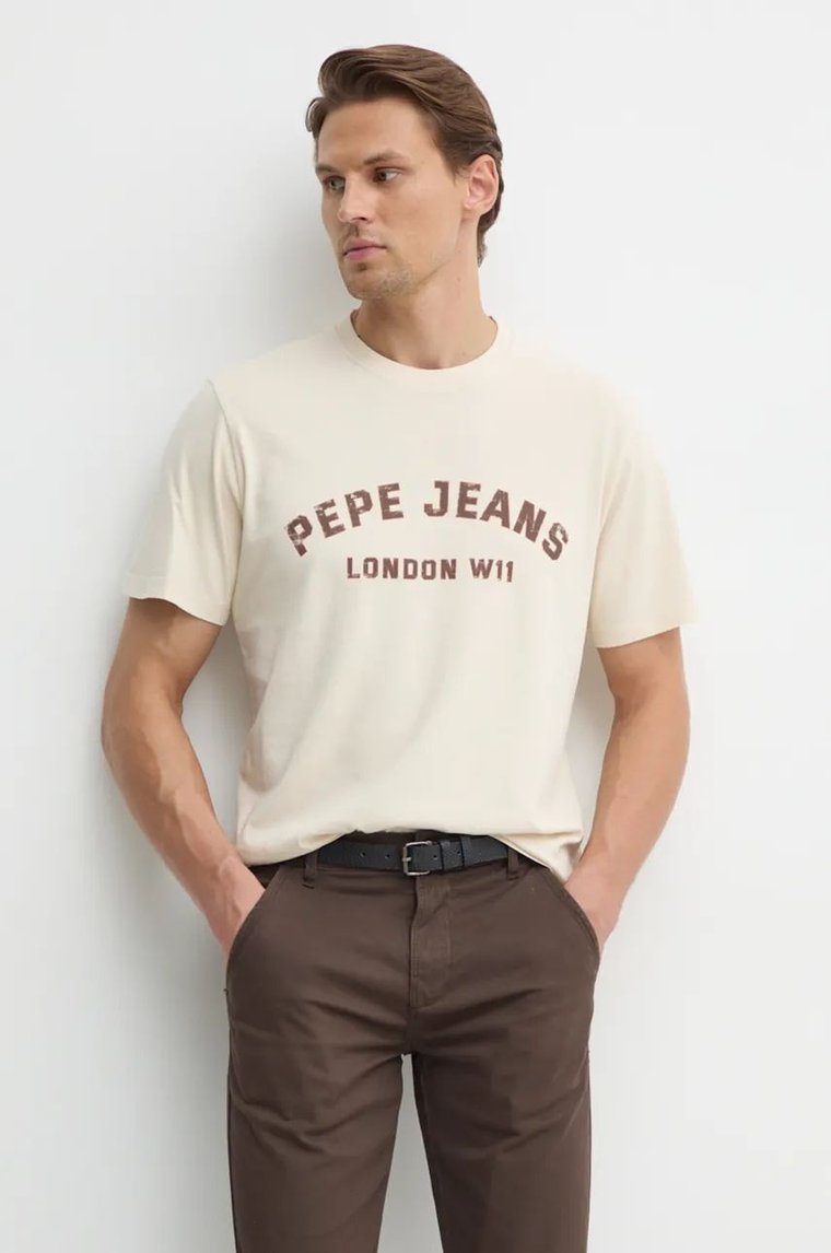 Pepe Jeans t-shirt bawełniany ALDRIDGE męski kolor beżowy z nadrukiem PM509628