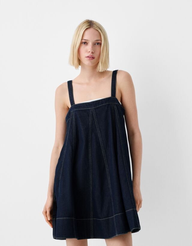 Bershka Sukienka Jeansowa Babydoll Kobieta L Granatowy