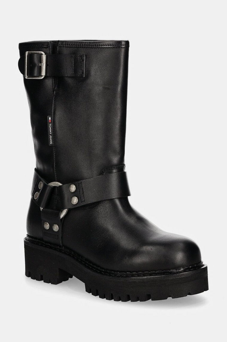 Tommy Jeans botki skórzane TJW URBAN BIKER BOOT LEATHER damskie kolor czarny na platformie EN0EN02728