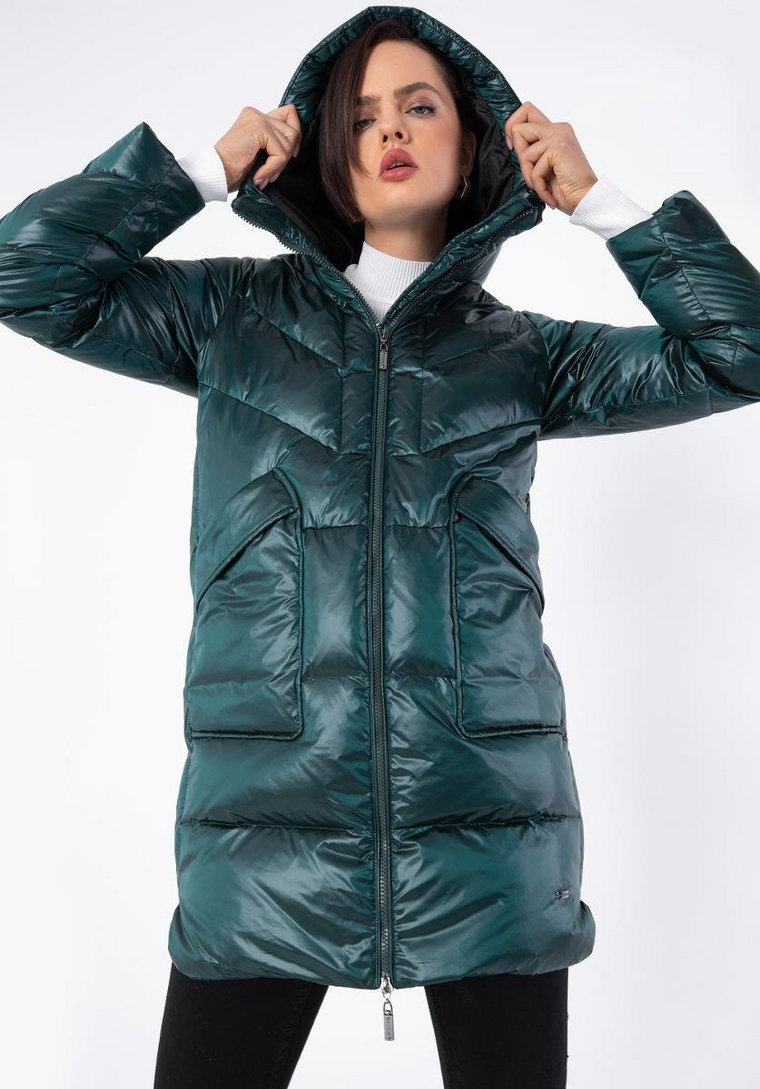 Damski płaszcz puchowy z nylonu z kapturem zielony XXL