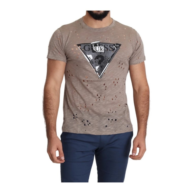 Brązowa Casualowa T-shirt z Dziurkami, Okrągły Dekolt Krótkie Rękawy, Regularny Krój Guess