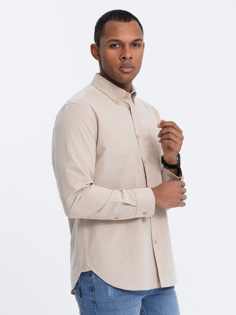 Koszula męska bawełniana REGULAR FIT z kieszenią - beżowy V1 OM-SHOS-0153