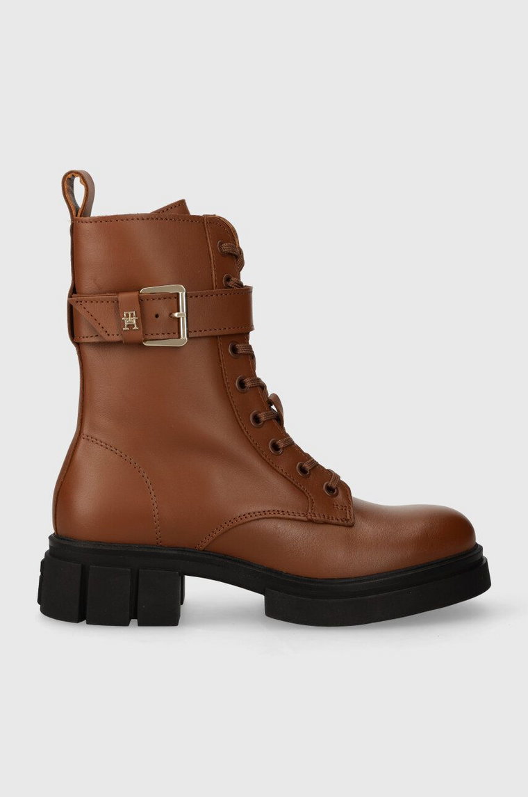 Tommy Hilfiger workery skórzane COOL FEMININE BIKERBOOT damskie kolor brązowy na płaskim obcasie FW0FW07322