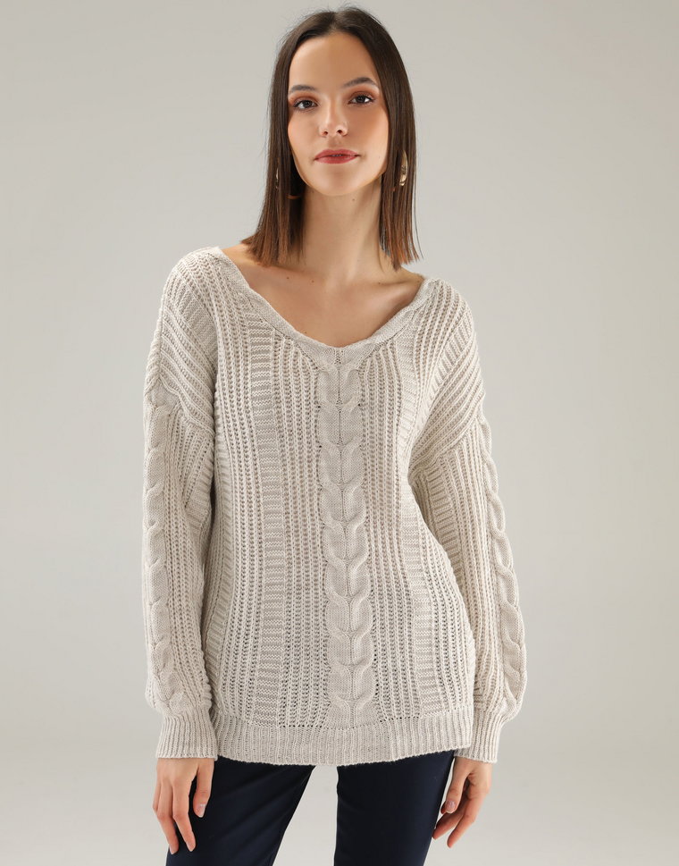 SWETER Z DEKORACYJNYM SPLOTEM 173-22708 BEIGE