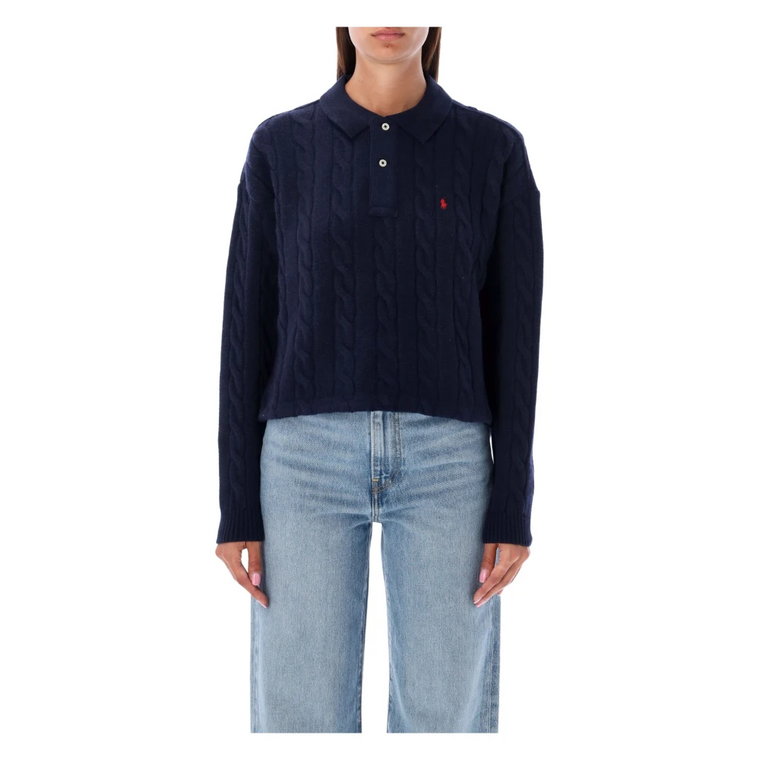 Granatowy Sweter Polo z Przycinanym Dzianinowym Rękawem Aw23 Ralph Lauren