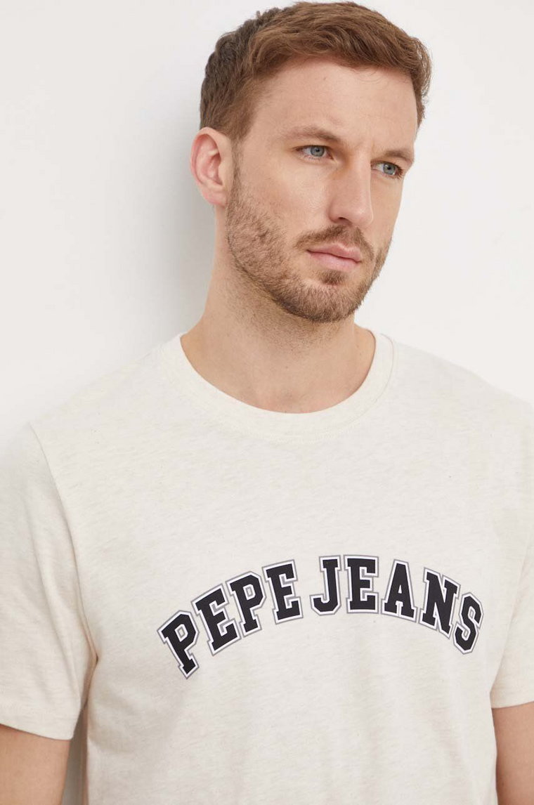 Pepe Jeans t-shirt bawełniany męski kolor beżowy z nadrukiem