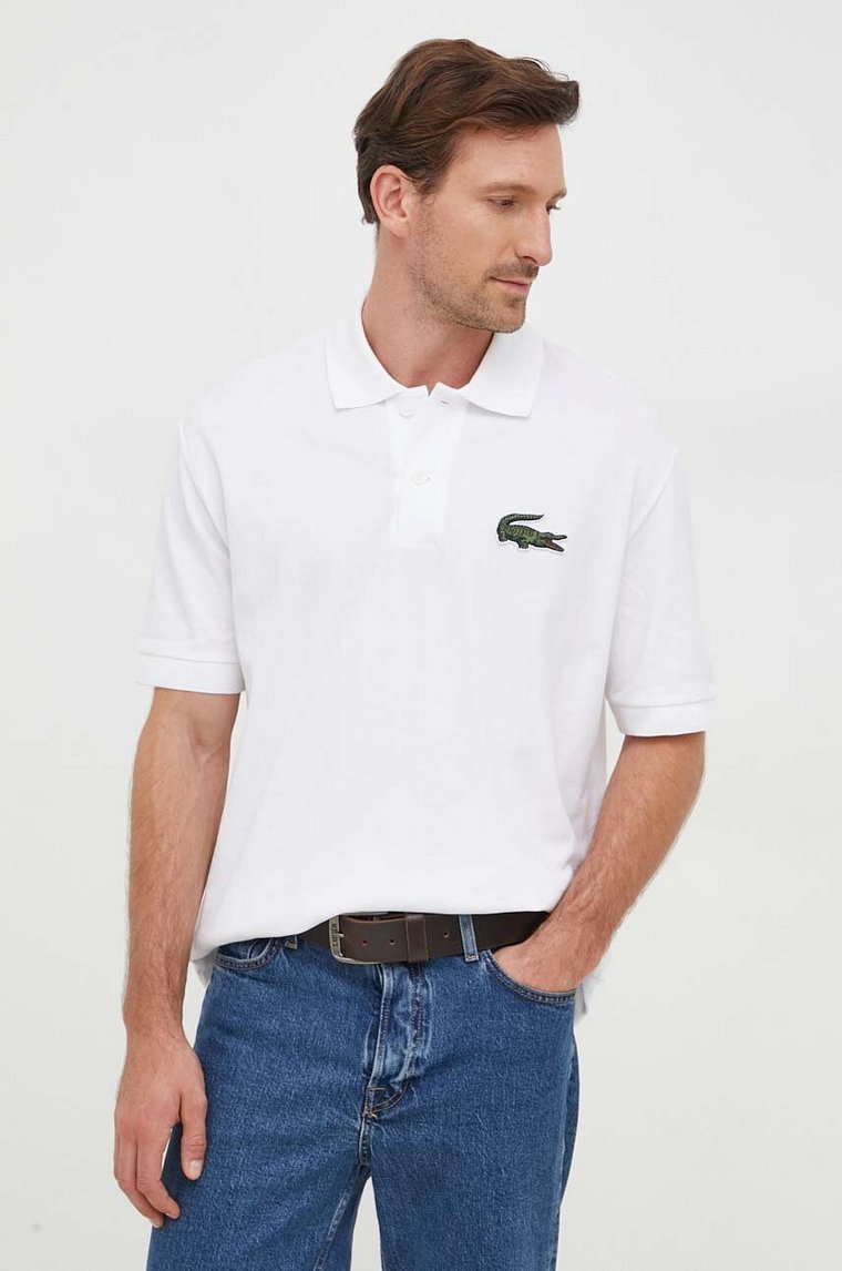 Lacoste polo bawełniane kolor biały z aplikacją