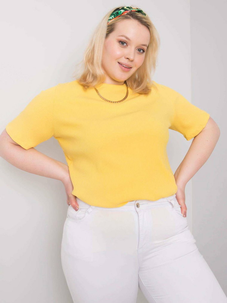 Bluzka plus size żółty casual dekolt okrągły rękaw krótki