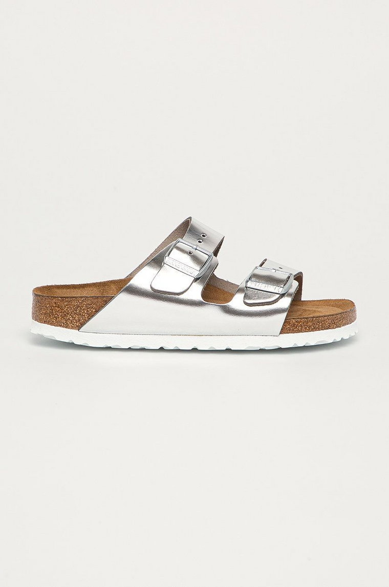 Birkenstock klapki skórzane Arizona SFB damskie kolor srebrny 1005961