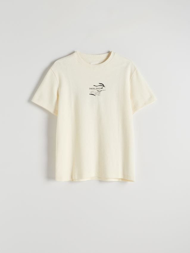 Reserved - T-shirt regular z nadrukiem - złamana biel