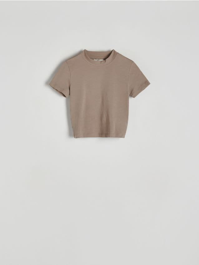 Reserved - Krótki t-shirt ze stójką - beżowy