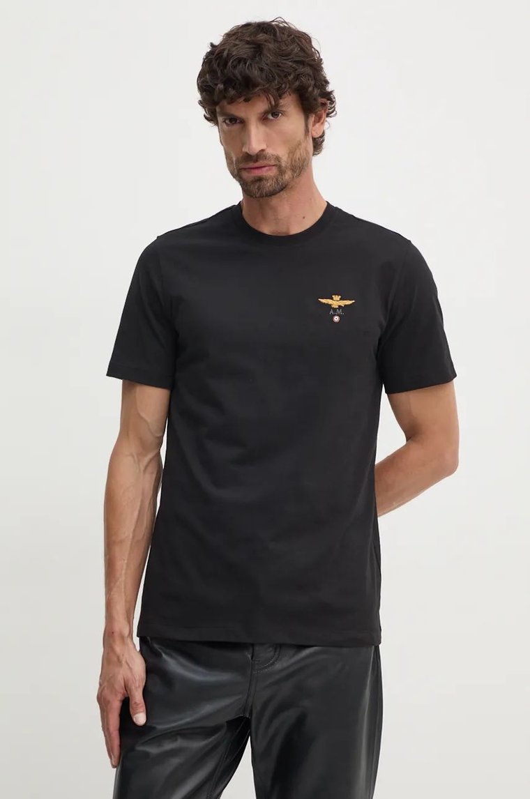 Aeronautica Militare t-shirt bawełniany męski kolor czarny z aplikacją