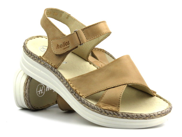 Skórzane sandały damskie ze skrzyżowanymi paskami - HELIOS Komfort 123, jasnobeżowe