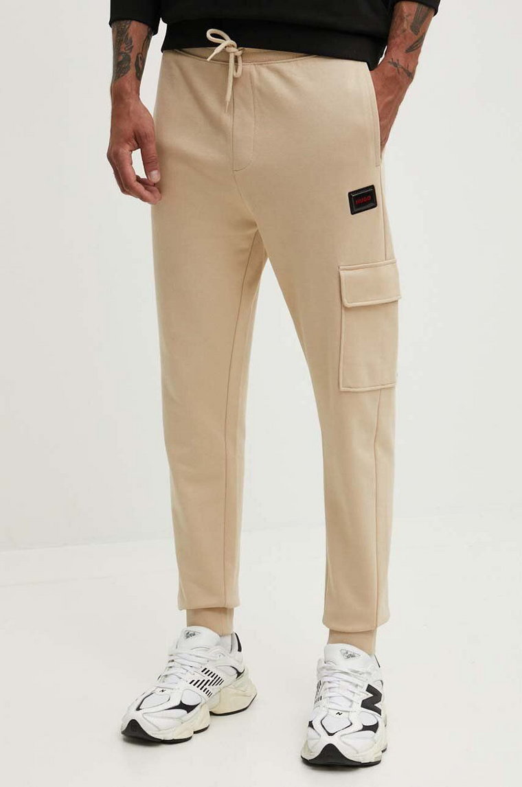 HUGO spodnie dresowe bawełniane kolor beżowy gładkie 50528176
