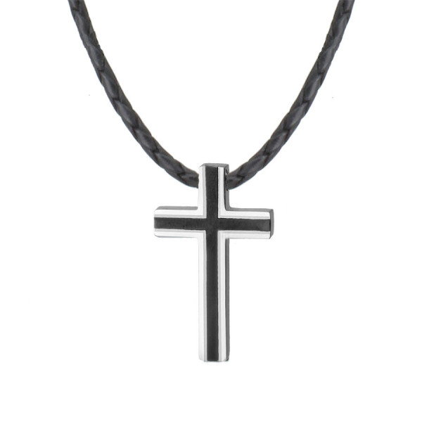Elegancki naszyjnik z krzyżykiem  srebrno czarny krzyż na czarnym plecionym rzemieniu