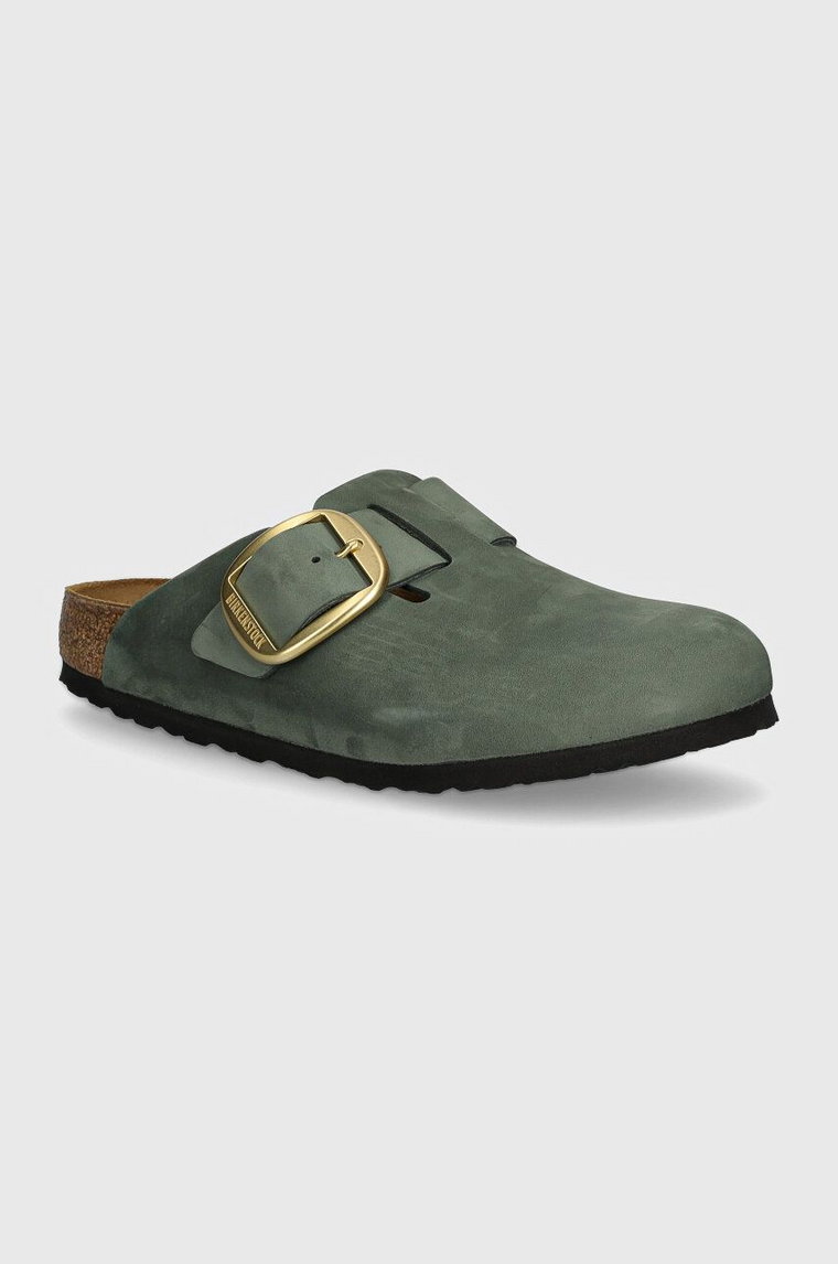 Birkenstock klapki nubukowe Boston Big Buckle kolor zielony 1028033