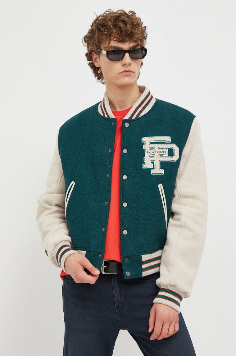 Filling Pieces kurtka bomber wełniana Varsity Jacket kolor zielony przejściowa oversize 78616982011