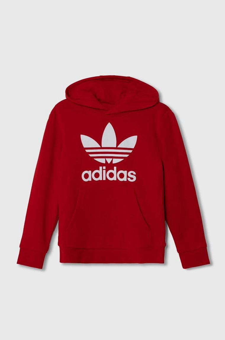 adidas Originals bluza dziecięca TREFOIL kolor czerwony z kapturem z nadrukiem