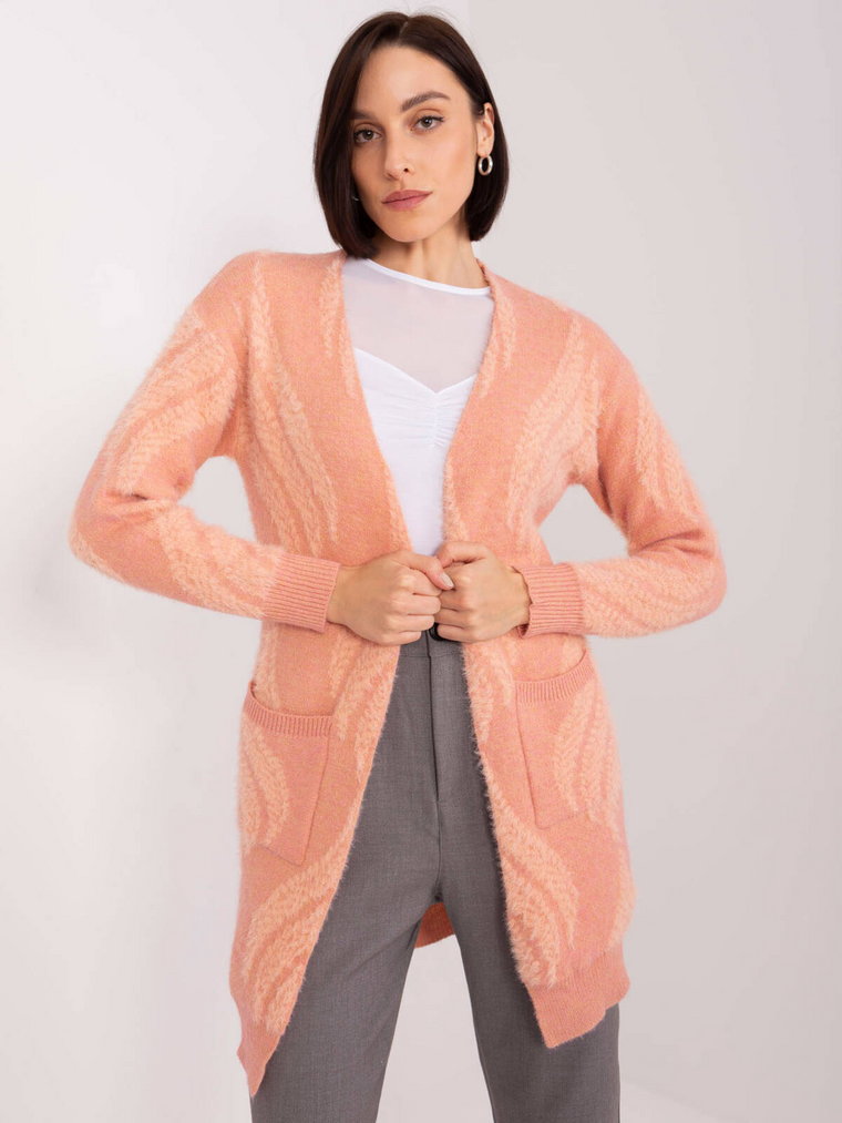 Sweter kardigan ciemny różowy casual narzutka rękaw długi długość długa kieszenie