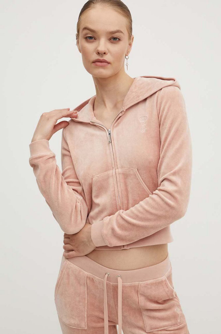 Juicy Couture bluza welurowa HERITAGE ROBYN HOODIE kolor beżowy z kapturem gładka JCSEBJ007