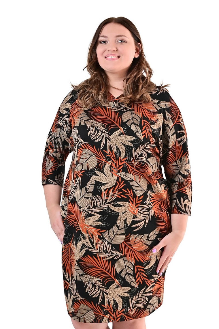 Sukienka FSU1062 CZARNY beżowo rude liście palmy