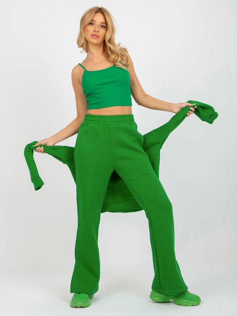 Komplet dresowy zielony casual top i bluza spodnie dekolt stójka rękaw długi nogawka szeroka długość długa kieszenie zamek