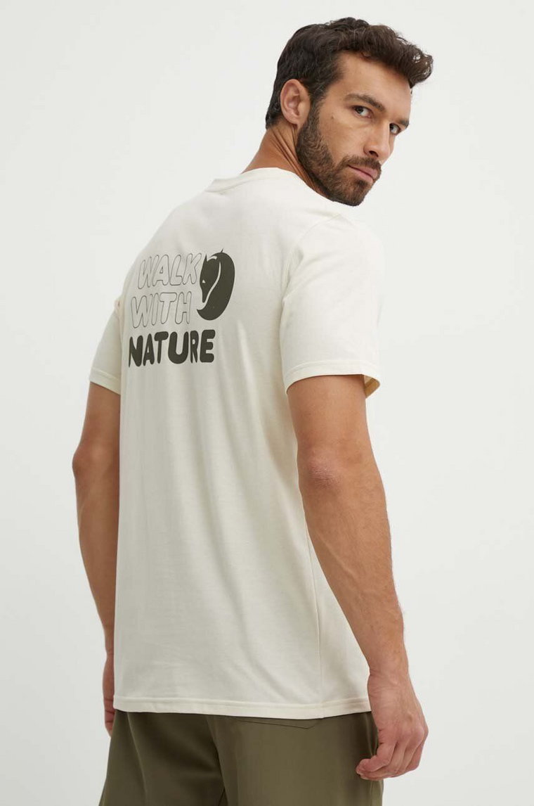 Fjallraven t-shirt sportowy Walk With Nature kolor beżowy z nadrukiem F12600216