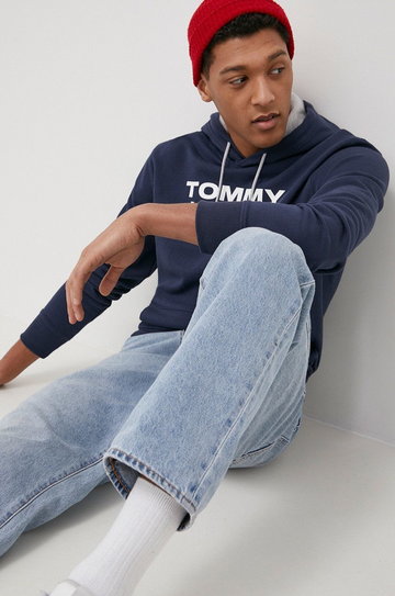 Tommy Jeans Bluza bawełniana męska kolor granatowy z kapturem z nadrukiem