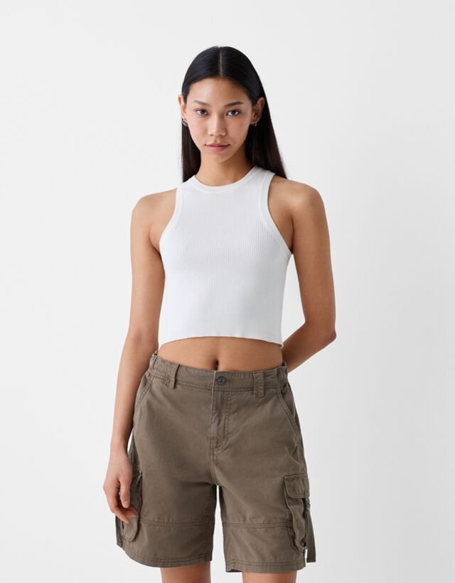 Bershka Bermudy Cargo Z Paskami Kobieta S Khaki