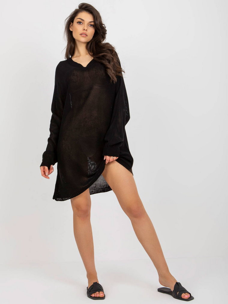 Sweter dzianinowa czarny sukienka letnia codzienna dekolt w kształcie V rękaw długi długość przed kolano