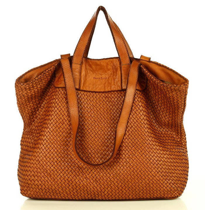 Torba damska pleciona shopper & shoulder leather bag - brąz karmel