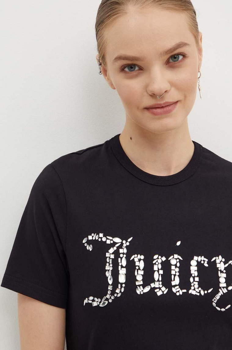 Juicy Couture t-shirt bawełniany DIAMANTE JEWEL GIRLFRIEND T-SHIRT- damski kolor czarny JCMCT224257