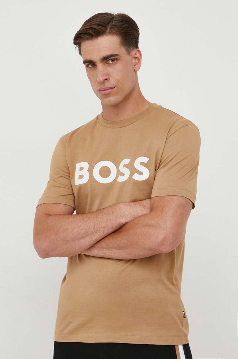 BOSS t-shirt bawełniany kolor beżowy z nadrukiem